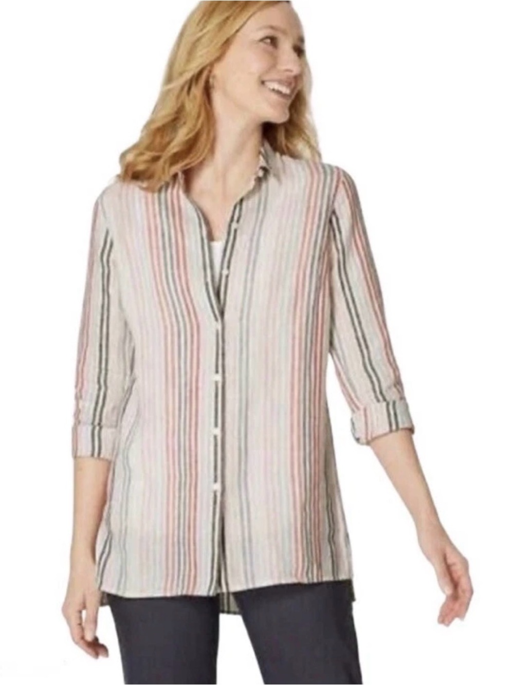 J Jill Love Linen Shirt Top Shirt Button Front Striped Women’s Size Large Pink